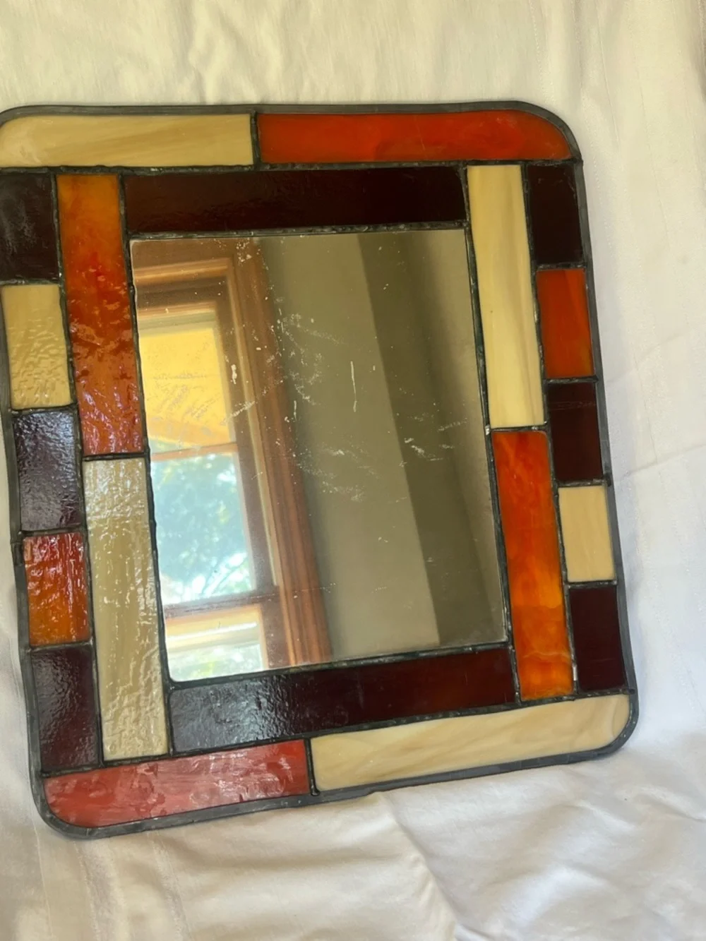 Stained Glass Framed Wall Mirror in Amber, Cream, and Burgundy